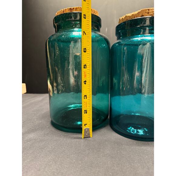 Set of 3 Vintage Teal Glass Jars with Original Cork Stoppers–6.5", 7.5", 8" Tall - Picture 11 of 12